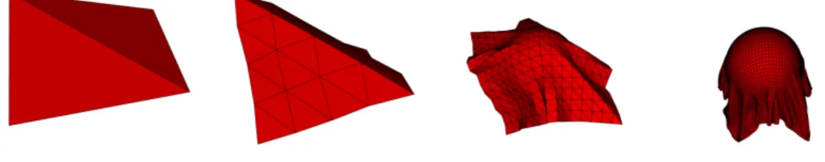 Figure 1.1: Level of details and corresponding deformability: only two triangles are enough to represent a flat sheet of rigid material (left), that cannot be deformed realistically without a sufficient increase in polygon count (right).