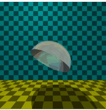 Figure 2.6: Recursive ray tracing of a semi–transparent colorless bell and two planes with procedural check- check-ered textures
