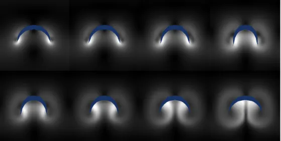 Figure 3.3: Formation of a vortex in 2D during one full expansion–contraction step (the expansion is shown in the top row, the contraction – in the bottom row, left to right).