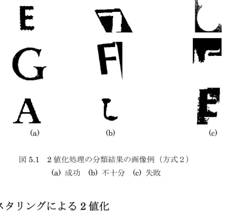 図 5.1 に、図と地の判定に方式２を用いた 2 値化処理における分類結果の画像例を示す。                                                                                                                                                                             (a)                                  (