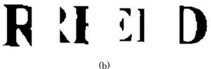 図 4  4. 2 値 ると考 きさの に記す (1)  (2)  (3)  ただ 正規 こでは いるメ メッシ サイ とに黒 ュ特徴 図 2 値化候補 よる仮分割．2  カラー値化候補文字考えられる．の正規化処理す． 画像内全てる． 予め定めた決定する．黒画素の重のサイズとし，画像の伸規化された仮は，2値画像メッシュ特徴シュ特徴 イズ120×8黒画素数を計徴とする．  5 に，メッシ 補文字列画像 ー文字列字列画像を1 ．そこで，文理を施す．正ての黒がそのた平均距離の重心gを(40とする． 伸縮には共一仮