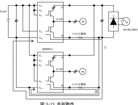 図 3-13 に DIPIPM を 2 台並列接続した場合の回路例を示します。DIPIPM の下アームＩＧＢＴのゲートチャージは、DIPIPM  1 では①の経路、DIPIPM 2 では②の経路で行われます。この経路が長くなりますと、配線インダクタンスも大きくなります のでスイッチング動作に影響を与える可能性があります。  (ブートストラップコンデンサの充電にも影響を与える可能性が あります。)  また、ノイズの影響を受け易く誤動作の要因となります。並列数が多ければ多いほど、このＧＮＤパターンは長 くなりま