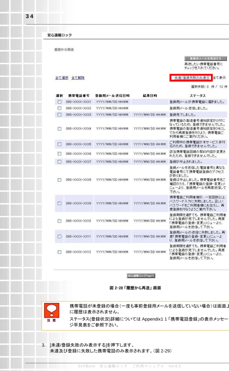 図 2-28 「履歴から再送」 画面  携帯電話が未登録の場合（一度も事前登録用メールを送信していない場合）は画面上 に履歴は表示されません。  ステータス(登録状況)詳細については Appendix1 1 「携帯電話登録」の表示メッセー ジ早見表をご参照下さい。  3