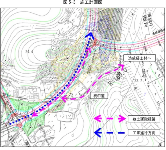 図 5-3  施工計画図  (b)施工上の留意点  施工上の主な留意点および注意事項を列挙する。  (ア)測量座標系        当設計は「世界測地系」により行っており、それに伴い水準点においても施工中であ る 2 工区 ( 日本測地系 ) よりも +0.012 高い。 (イ)現場 CBR 試験の実施  当計画道路の舗装については、設計 CBR 8％（協議結果による）としている。よっ て、工事において現場 CBR 試験を実施し確認を行うこと。  (ウ)埋設物等  現道沿いの電柱を移設する場合は、その管理者