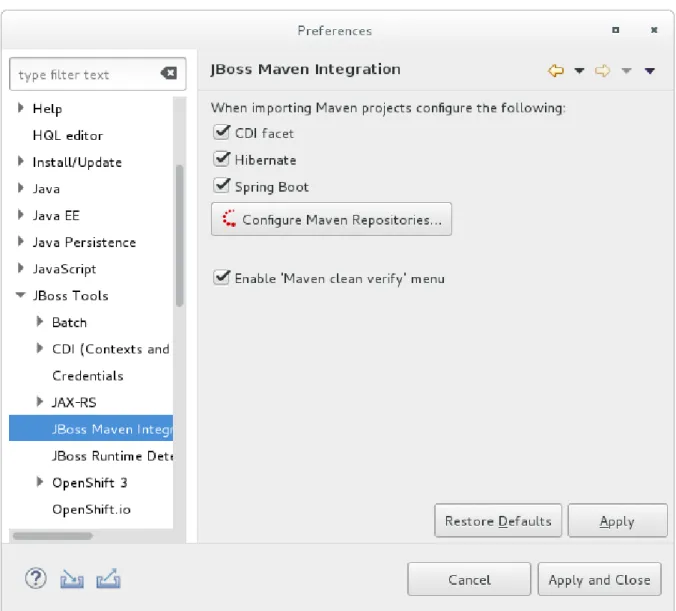 図 2.1 Preferences  ウィンドウの ウィンドウの  JBoss Maven  統合ペイン 統合ペイン