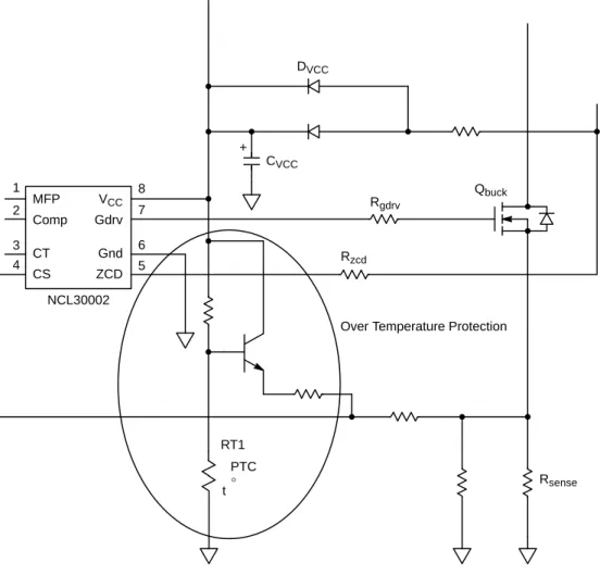 Figure 14. Over Temperature Foldback ProtectionCVCCRzcdRT1NCL30002MFPCompCTCSVCCGdrvGndZCD12348765PTCtRgdrvDVCC+ Q buck R senseOver Temperature Protection