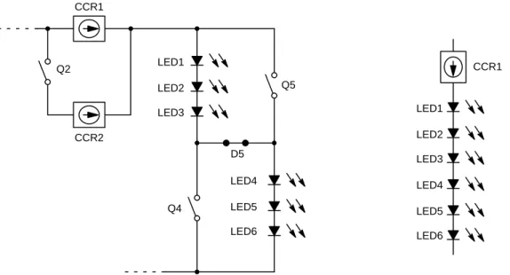 Figure 3. Stage 2, showing series LED configuration and single CCR operation. Transistors Q5 and Q6 are switched off and current flows through the D5 routing diode, enabling series configuration