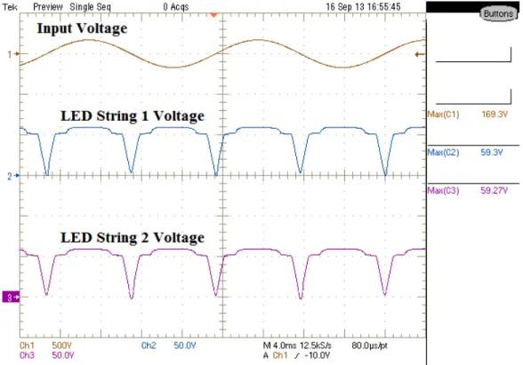 Figure 7. LED string voltages are equal at all times. The distinct levels in forward voltage are a result of the different LED current levels in the two stages of operation