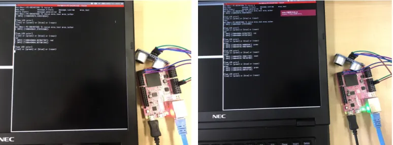 図 2: サブスクライバの様子 3 実装 mROS では，ROS の通信を実現するために複数のタスクで機能を実現した． 3.1 ROS 通信プロトコル ROS におけるノード間通信は XML-RPC と TCPROS のプロトコルを使用して行われる． XML-RPC による通信では，ノード情報の登録などを行い通信相手のノードを特定する．その後，TCPROS による 通信でデータ転送を行う．図 4 にノード間での pub/sub 通信が開始されるまでの通信フローを示す． サブスクライバノードが初期化されると，
