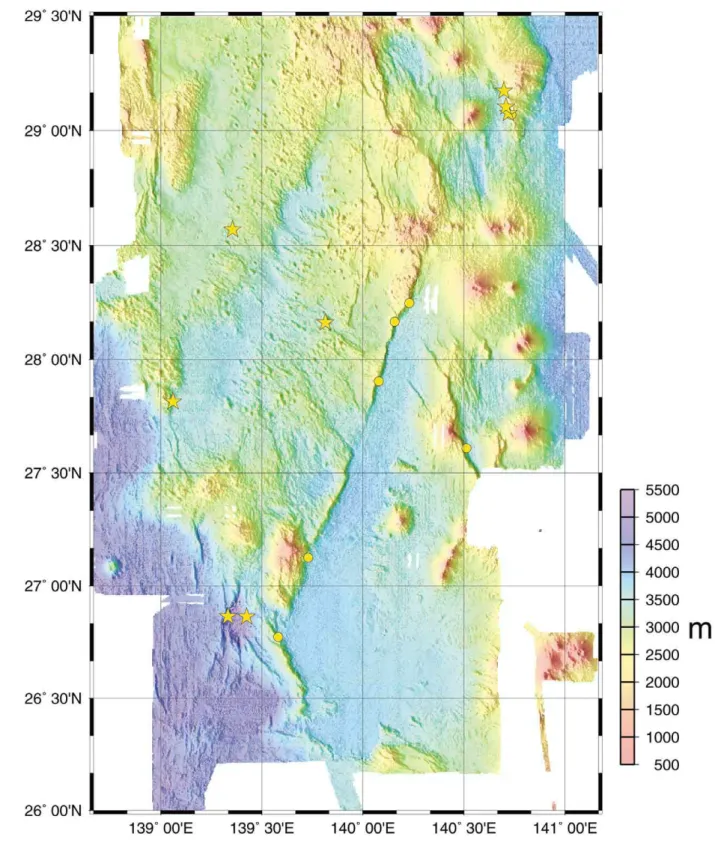 Fig. 2 Bathymetric map of the survey area. Circles show dive points of previous surveys