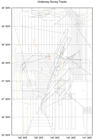 Fig. 3 Survey  ship  tracks  of  R/V  Yokosuka.  Red  lines  indicate the tracks during the YK00-08 Leg 1 cruise.