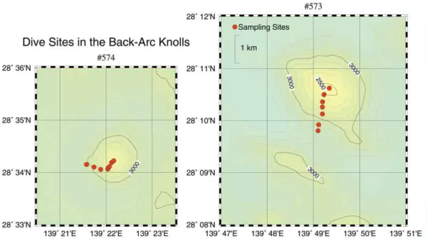 Fig. 5 Bathymetric map of the #573 knoll (right) and the #574 knoll （left） . Contour interval is 100 m