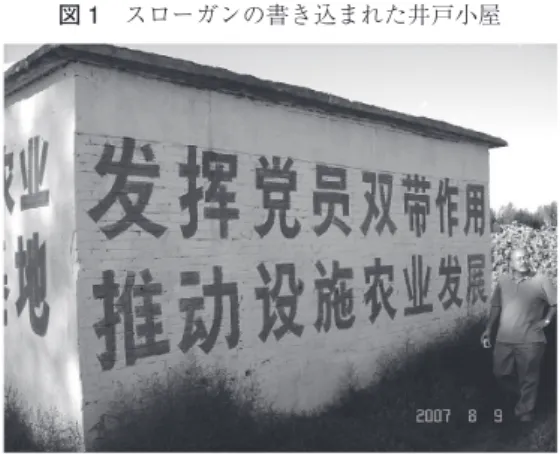 図 1 スローガンの書き込まれた井戸小屋