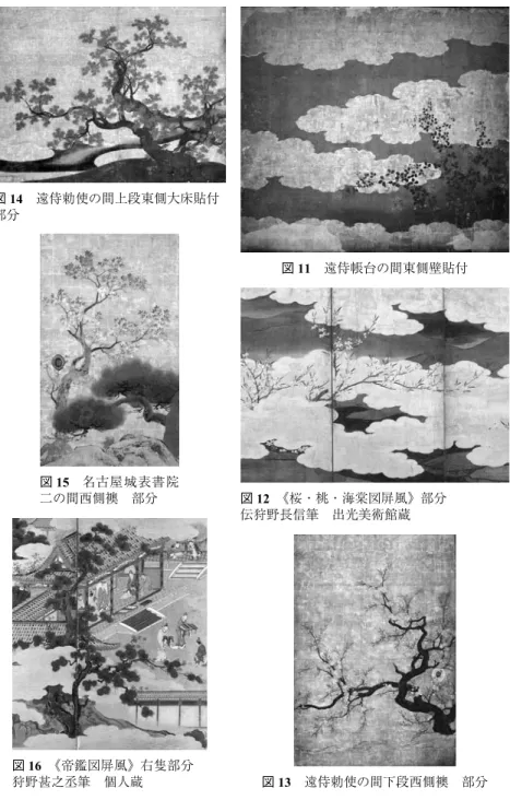 図 11 遠侍帳台の間東側壁貼付 図 12 《桜・桃・海棠図屏風》部分 伝狩野長信筆 出光美術館蔵 図 13 遠侍勅使の間下段西側襖 部分図14遠侍勅使の間上段東側大床貼付部分図16《帝鑑図屏風》右隻部分狩野甚之丞筆 個人蔵図15名古屋城表書院二の間西側襖 部分二条城二の丸御殿遠侍障壁画についての一考察 ― ３５０ ―