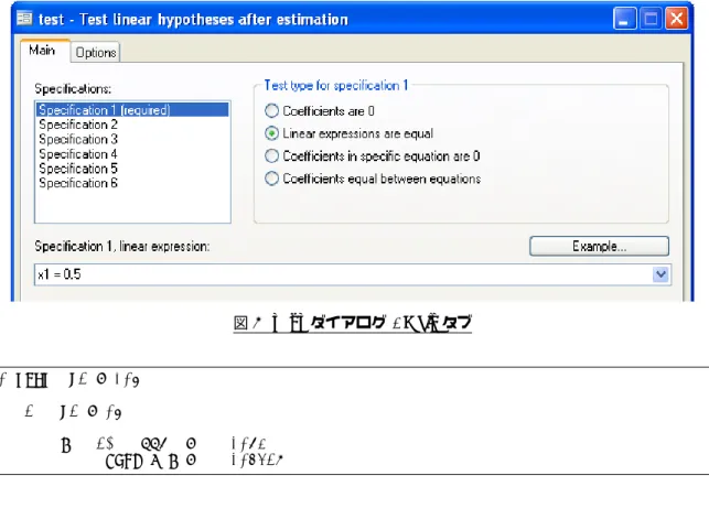 図 2 test ダイアログ - Main タブ             Prob > F =    0.4318       F(  1,   996) =    0.62( 1)x1 = .5