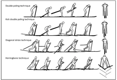 Figure 1. Sub-techniques used in a classical-style skiing のポールによるプッシュ動作を行うダブルポーリ ング走法を指す．さらに，グライドを伴わない開 脚登行とは，スキー板を V 字に開いて開脚登行 するヘリンボーン走法を指す．なお，ヘリンボー ン走法では上述の通り，スキー板をグライド（滑 走）させることは認められておらず，滑走させた 場合にはクラシカル走法違反と判定されて失格な どの制裁が下される． クラシカル種目では上述の 4 種類のサブ走法 が用