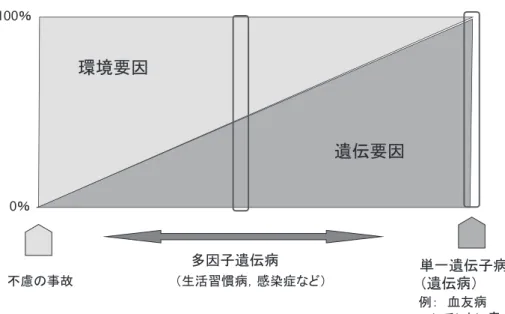 図 2 疾患発症における遺伝要因と環境要因の関わり PGx は多因子疾患（遺伝要因＋環境要因）となり，単一遺伝子病とは異なる 阻害剤（PPI）のオメプラゾール，催眠鎮痛薬のジア ゼパム，抗てんかん薬のフェニトインなどに関連して いる． 5）日本人での知見が重要となる 遺伝子多型の頻度は人種によっても異なり，また生 活習慣や投与する薬剤量も異なる場合もあるため，欧 米の情報が役立たないことがある． 6）ときに，遺伝性疾患との連続性がある場合があ る PGx の対象となる遺伝子において，部位や質が異 なる遺伝子