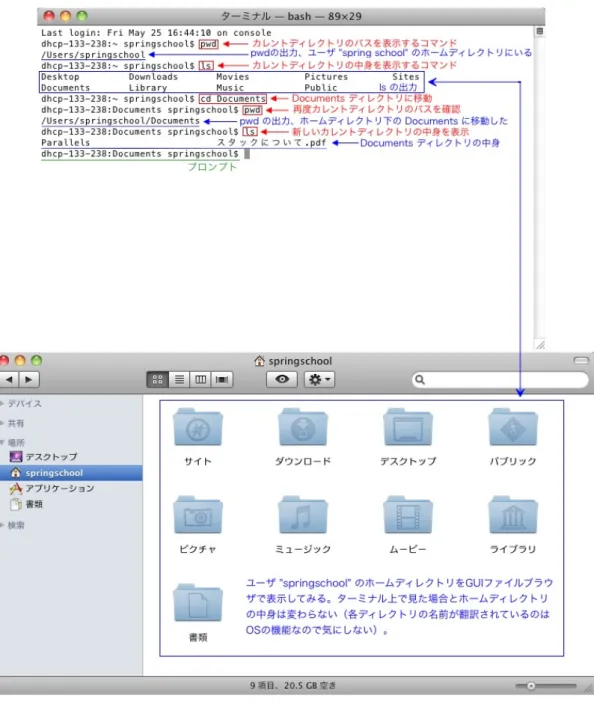 図 1 GUI のファイルブラウザとターミナルの例。筆者の Mac のスクリーンショットだが、 Windows や Linux でも大差ないはず。 3.2 ファイル・ディレクトリとパス 各コンピュータの記憶領域は図 2 のようなディレクトリ構造で管理される。図 1 のようにター ミナル上でも GUI ファイルブラウザ上でも参照するディレクトリ構造は基本的に同じである。先 に見たように、ターミナル上で特定のファイルやディレクトリを指定する場合にはパスを使う。カ レントディレクトリの中のファイルやディレクトリは