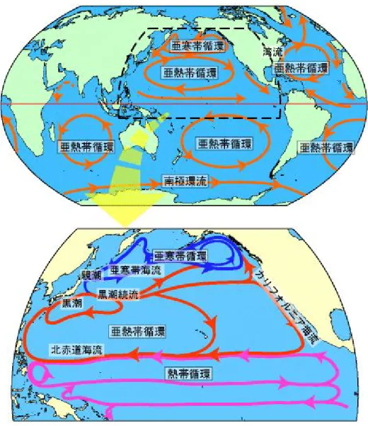 図  1-1.  海洋表層循環の模式図  (北半球冬季における循環を模式化) 