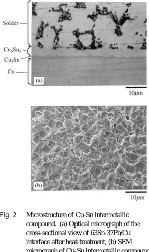Fig. 2 Microstructure of Cu-Sn intermetallic compound.  (a) Optical micrograph of the cross-sectional view of 63Sn-37Pb/Cu interface after heat-treatment, (b) SEM micrograph of Cu-Sn intermetallic compound