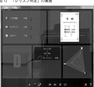 図 11  レッスンメニュー下部の操作ボタン  （3）学習支援ツールとしての有用性  練習の成果を自己判定するツールとして「レッ スン判定」が利用できる．各段階のレッスンが終 了した後，自分の演奏が正しかったかどうかの判 断が次の3項目について点数で表示される．  ①テンポ ②オンタイミング③ミスタッチ さらに，「詳細」メニューにすると，上の3項目 に加え，④オフタイミング⑤強弱表現⑥リズム感， に関する成績が表示される．ただし，本稿の試用 では曲データに強弱の記号を含めなかったため， ④強弱表現の判定はな
