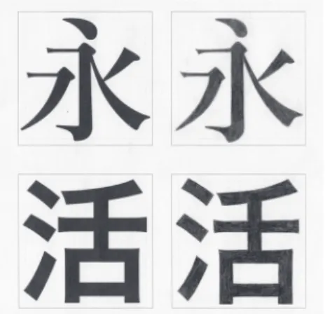 図 1 3　作例⑦ 昨年のレタリング課題（左は見本、右が模写） 図 1 4　作例⑧ 今回のレタリング課題 は矩形や分割線を学生に描かせるところから始めた 今回のものである。二例目は和文のレタリングであ る。 ［図13］は昨年のもので、 ［図14］は今回の提出物 である。昨年のものは見本が同じ用紙に記載されてい たが、今回はデータで配布した課題資料に掲載してい たため、学生は PC のディスプレイもしくはスマート フォンやタブレットで見本を表示させながら、描いた ものと推測される。提出された課題にはその課題の