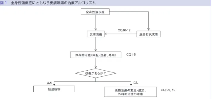 図 1 全身性強皮症にともなう皮膚潰瘍の治療アルゴリズム な外科的治療は，その繰り返しによって次々と大きな 手術を要することになり，適応は慎重に検討すべきで ある．いわゆる壊死しかけた組織も粘り強く保存的治 療を繰り返すことにより温存が可能なことがあるた め，デブリードマンに関しても明らかな壊疽以外は出 来るだけ組織の温存を図るべきである．膠原病・血管 炎にともなう皮膚潰瘍の治療において，疾患特有の経 過を考慮する必要があり，粘り強く保存的な治療を優 先し，手術に関しても植皮・骨掻爬（骨髄露出）・指趾 切断