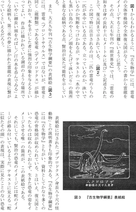 図 １ か ら も わ か る よ う に 、 『 古 生 物 学 』 に は 、 雷 竜の全体骨格図や全体復元図がなく、この書から雷龍をイメージすることは難しいように思う。その点、大正七年刊の『前世界史』では、「雷竜の如きは身の長約十六七メートルに及び」と記述された上で、復元図まで示されている。（図２）この図で特に注目されるのは、二匹の雷竜のうちの一匹が水中にいる点である。立っているのか、泳いでいるのか判断をつけかねるが、テキストの「水の中でも黒い白鳥のやうに／頭をもたげて泳いだり」の箇所と重なる絵柄であ