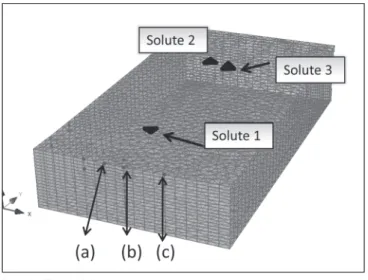 Figure 9 Model geometry (2km×5km×265‑315m) and finite element mesh (21100 nodes, 38019 elements and 19 layers) used for all calculation in this study