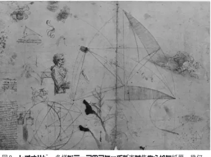図 8 レオナルド，多様なテーマのスケッチが寄せ集められた紙葉．幾何 学図，人物，植物，毛髪，騎馬像，雲，装飾文様，重りなどが描かれて いる．ウィンザー紙葉 RL12283r．1489 − 90 年頃． 図 9 レオナルド，同紙葉部分． 人物の上半身と樹木とが融合 したようなスケッチ．