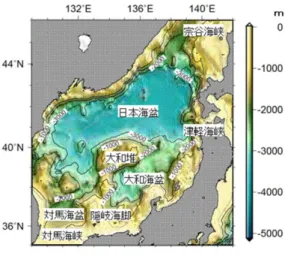 図 2  日本海固有水(水深 2000m)のポテンシャル水温(上)と溶存酸素量(下)の時系列  左図の薄い灰色で示した部分は、水深が 2000m より浅い海域を示す。  ポテンシャル水温とは、水圧による水温上昇分を除いた水温を表し、同じ深度の時間変化は通常の水温と  同じ傾向を示す。  溶存酸素量の単位μmol/kg は、海水 1kg 中に含まれる酸素の物質量をμmol(マイクロモル)で表したもの。 【コラム】日本海深層の変化  日本海は、3000ｍより深い海域が広い一方、対馬海峡、津軽海峡、宗谷海峡など隣