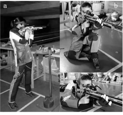 図 3 ．ライフル射撃姿勢   a.  立射  b.  膝射  c.  伏射