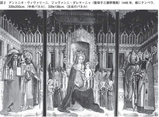 図 2   アントニオ・ヴィヴァリーニ，ジョヴァンニ・ダレマーニャ《聖母子三連祭壇画》1446 年，板にテンペラ，