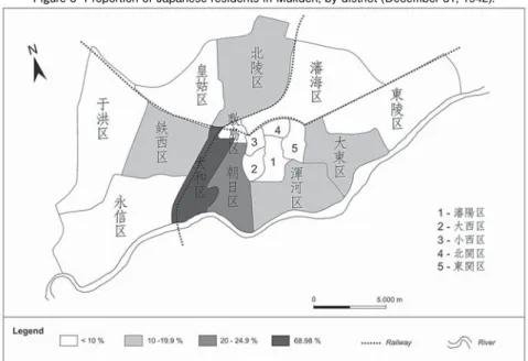 Figure 3  Proportion of Japanese residents in Mukden, by district (December 31, 1942).