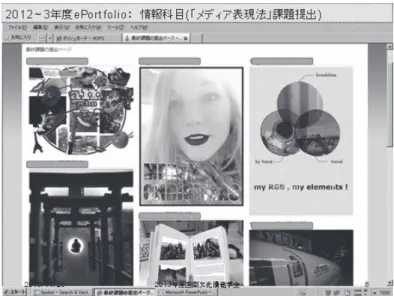 図 1 情報科目における Mahara の利用例 　4.4 留学生受入科目 (ESOP) 学部では留学生を対象とする科目を開講しており他学部学生も履 修可能となっているが、これらのうち筆者のひとりが担当する科 目「ネット社会と日本」において Mahara を利用してみた。留学 生 4 名と帰国子女を含む日本人 10 名の英語による授業において、 調べ学習、グループワーク、期末レポートなどに使用した。   アクセス方法については特に指定をしなかったこともあり教室 内では iPad、ノート PC、スマートホンな