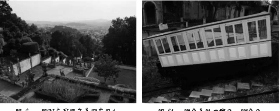 図 -6 ボン・ジェズスに至る参道 図 -7 ブラガの水力ケーブルカー 　フランクフルト近郊の古都ヴィースバーデンに水力ケーブルカーの 一例がある。83 メートルの高低差を持ち、500 メートル弱の距離を移 動するこのケーブルカーは、1888 年に製造されて以来ずっと市民に 親しまれてきた。現在も稼働している。また同じ時期に建造されたポ ルトガル・ブラガにある水力ケーブルカーは、丘の上にある教会へと、 巡礼や観光客を運んでいる。 　20 世紀は石油と電気の便利さから、自然エネルギーの可能性を次々 と隅に追い