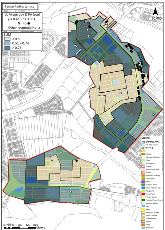 Figure 4.14: Land use mix entropy and respondent’s location who had low PA level (C1) 