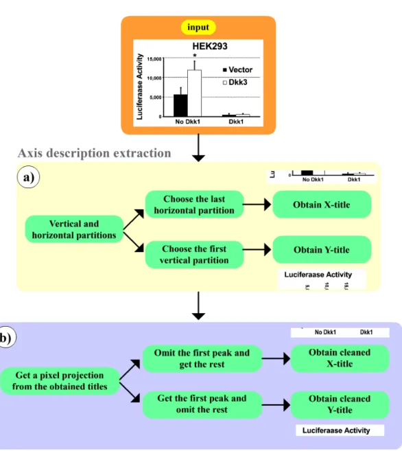 Figure 4.1: Process to extract X- and Y-titles from graph images based on their location: (a) image partitioning process; (b) pixel projection