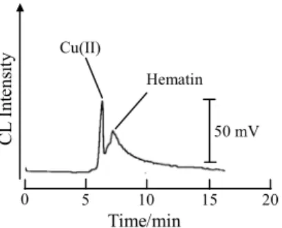 Fig. 3. Chromatogram of a mixture of hematin and Cu(II) obtained using the present TRDC system with a chemiluminescence detector (with 10 mM phosphate buffer, pH 7.0)