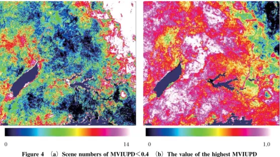 Figure 6 は前述の分類処理に従って作成した 4° 30’ N 30° 00’ E から 0° 00’ N 35° 00 E の土地Figure 4（a）Scene numbers of MVIUPD＜0.4（b）The value of the highest MVIUPD