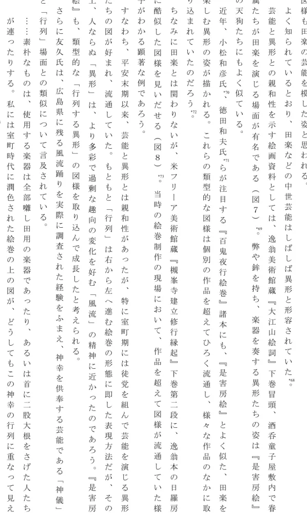 図 様 も 田 楽 の 芸 能 を 模 し た 姿 と 思 わ れ る 。よく知られているとおり、田楽などの中 世 芸 能 は し ば し ば 異 形 と 形 容 さ れ て い た 。 *68芸能と異形との親和性を示す絵画資料としては、逸翁美術館蔵『大江山絵詞』下巻 冒 頭 、 酒 呑 童 子 屋 敷 内 で 眷属たちが田楽を演じる場面が有名である（図７）。弊や鉾を持ち、楽器を奏する異形たちの姿は『是害房絵』*69の天狗たちにもよく似ている。近年、小松和彦氏、徳田和夫氏らが注目する『百鬼夜行絵巻』諸本にも