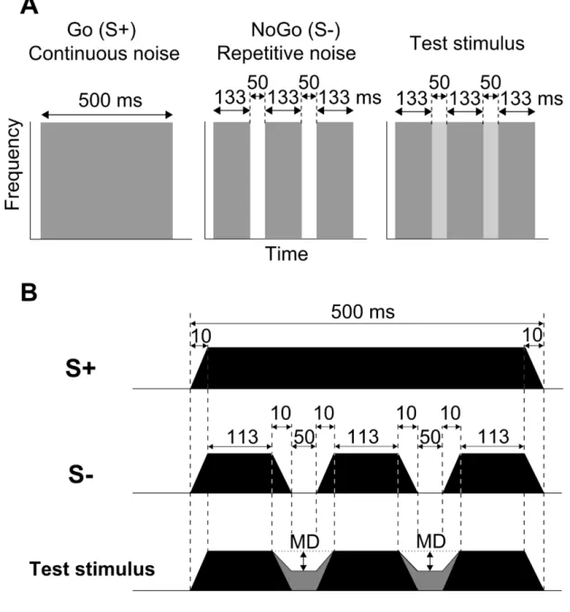 Figure 2-2. Schematized spectrograms (A) and amplitude envelopes of  discriminative and test stimuli (B)