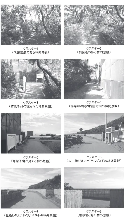 図 7  景観印象評価実験にて使用した写真と各クラスターの景観パターン クラスター1（未舗装道のある林内景観）クラスター2（舗装道のある林内景観）クラスター3（防風ネットで遮られた林間景観）クラスター4（海岸林の間の内陸方向の林間景観）クラスター5（烏帽子岩が見える林外景観）クラスター6（人工物の多いｻｲｸﾘﾝｸﾞﾛｰﾄﾞの林外景観）クラスター7（見通しのよいｻｲｸﾘﾝｸﾞﾛｰﾄﾞの林外景観）クラスター8（堆砂垣と海の林外景観）