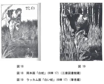 図 18  図 19  図 18  岡本画「白蛇」（KHM 17） （三康図書館蔵）  図 19  ラッカム画「白い蛇」 （KHM 17）（筆者蔵）  「白蛇」 （KHM 17）の主人公の男が魚を助ける場面を描いた図 18 も、左上に Kiichi という サインが見えるが、ラッカムの挿絵がさほど変えられずに写された例である。主人公の男性の 服装と体勢が図 19 と酷似している。図 19 の右下には Rackham のサインがみえる。  「七羽の鴉」 （KHM 25）という童話のタイトルが書かれた頁の挿絵に