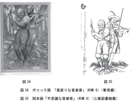 図 34  図 35  図 34  ポコック画 「風変りな音楽家」（KHM 8）（筆者蔵）  図 35  岡本画「不思議な音樂者」 （KHM 8）（三康図書館蔵）  図 36 は岡本が「フリーデルとカテリースヒヘン」 （KHM 59）を描いたカラーの別刷り挿絵 だが、構図および木にしがみつく男性の姿にポコックの挿絵からの影響がみてとれる。  図 36  図 37  図 36  岡本画 「フリーデルとカテリースヒヘン」 （KHM 59） （三康図書館蔵）  図 37  ポコック画「フリーダーとカタリースヒェン