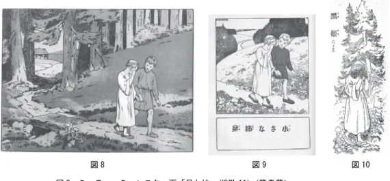 図 8  図 9  図 10  図 8  ミュラー＝ミュンスター画「兄と妹」 （KHM 11）（筆者蔵）  図 9  岡本画「小さな姉弟」 （KHM 11）（筆者蔵）  図 10  岡本画「黒姫」『金の船』 （第 1 巻第 2 号） （日本近代文学館蔵）  図 10 は、雑誌『金の船』に 1919  年に掲載された斎藤佐次郎の創作童話「黒姫」の挿絵であ る。娘の顔と手が黒いのは、子どもに恵まれない妃が「夜の様に眞黒な子でもよい」 21 から欲 しいと願ったためである。この泣きながら歩く少女が明らかにミュラー