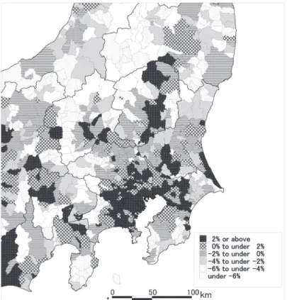 Figure 1: Population changes in the Tokyo Metropolitan Area (2000-2005)  (Source: Population Census) 