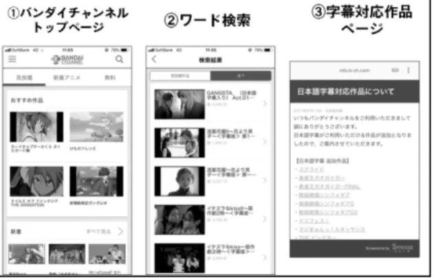 図 6 バンダイチャンネル利用の流れ 4.7  NHK オンデマンド  NHK オンデマンドを利用する際の操作手順を図 7 、図8に 示した。  NHK オンデマンドは他サービスにもコンテンツを提供して いるが、本稿ではあくまで NHKオンデマンド公式アプリ、公 式WEB サイトを対象とした。 NHKオンデマンドのアプリの トップ画面は図 7中①のようになっている。  このトップ画面およびジャンル選択画面でも字幕対応作品 は不明だった。検索では「字幕」 、 「日本語  字幕」 、 「字幕ガ イド」等のワード
