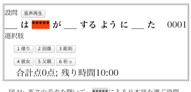 図 11:  英文の音声を聞いて，*****に入る日本語を選ぶ設問    小テストを開始すると，学生各自が使用するコンピュータ画面に設問が表 示され，学生は選択肢の中から最も適切なもの 1 つを選び，それをマウスで クリックして解答する。図 3, 4, 6, 9, 11 のように，設問に[音声再生]と通し番 号が表示されるものは，英語の音声を聞いて選択肢を選ぶリスニング問題で ある。図 3 の設問では (3b) のprayの音声，図 4, 9, 11 の設問では (3g) の英文の 音声，図 6 の設問では