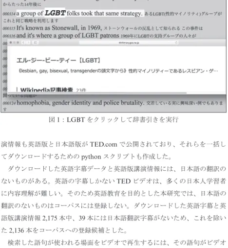 図 1 ： LGBT をクリックして辞書引きを実行 演情報も英語版と日本語版が TED.com で公開されており、それらを一括し てダウンロードするための python スクリプトも作成した。 　ダウンロードした英語字幕データと英語版講演情報には、日本語の翻訳の ないものがある。英語の字幕しかない TED ビデオは、多くの日本人学習者 に内容理解が難しい。そのため英語教育を目的とした本研究では、日本語の 翻訳のないものはコーパスには登録しない。ダウンロードした英語字幕と英 語版講演情報 2,175 本中、 